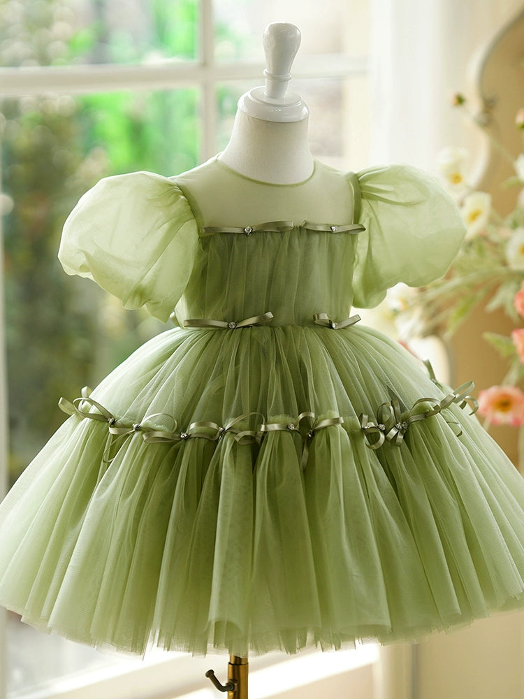 Princess Green Tulle Back Zip Baptism Pleated Tea Length Short Sleeve Puff Sleeve Round Flower Girl Dress