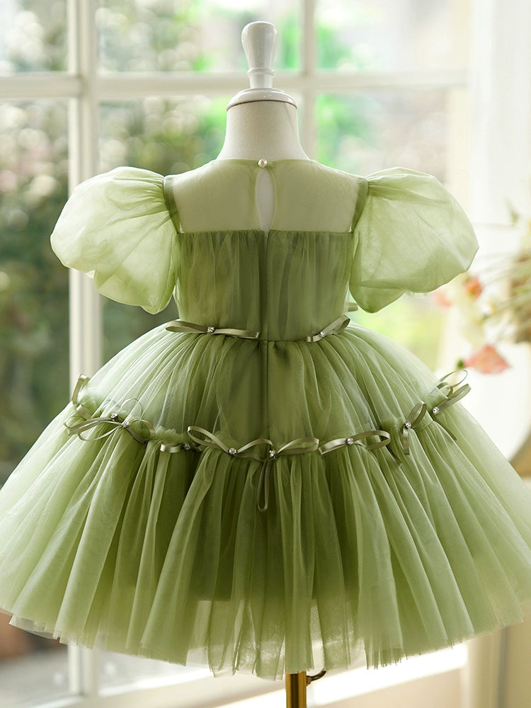 Princess Green Tulle Back Zip Baptism Pleated Tea Length Short Sleeve Puff Sleeve Round Flower Girl Dress