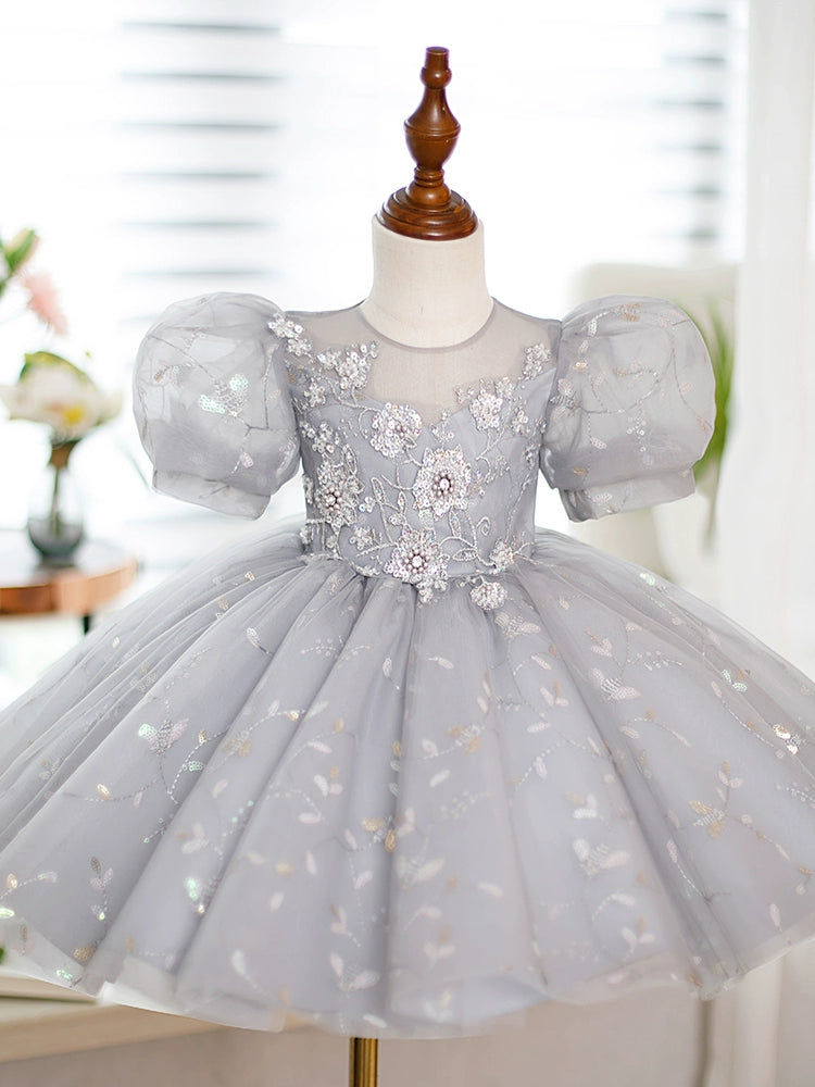 Princess Grey Sequined Back Zip Baptism Lace Tea Length Short Sleeve Puff Sleeve Round Flower Girl Dress