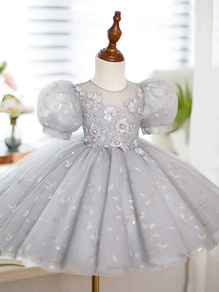 Princess Grey Sequined Back Zip Baptism Lace Tea Length Short Sleeve Puff Sleeve Round Flower Girl Dress