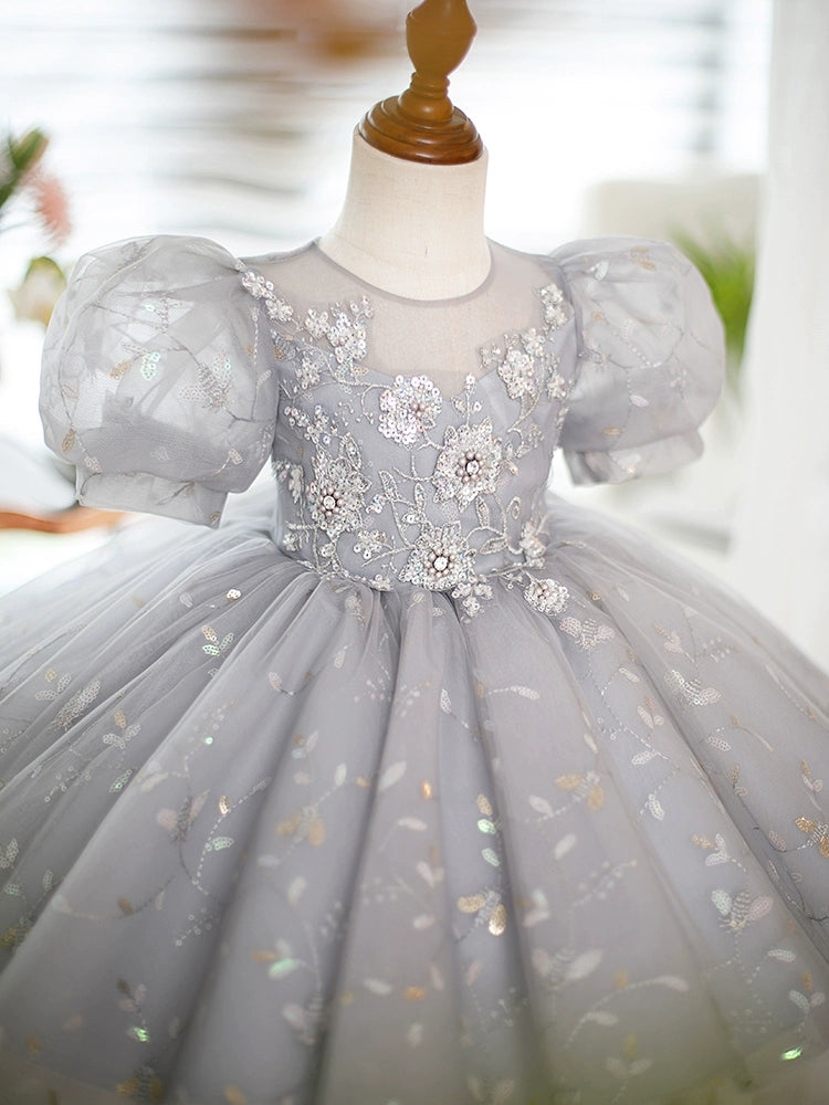 Princess Grey Sequined Back Zip Baptism Lace Tea Length Short Sleeve Puff Sleeve Round Flower Girl Dress