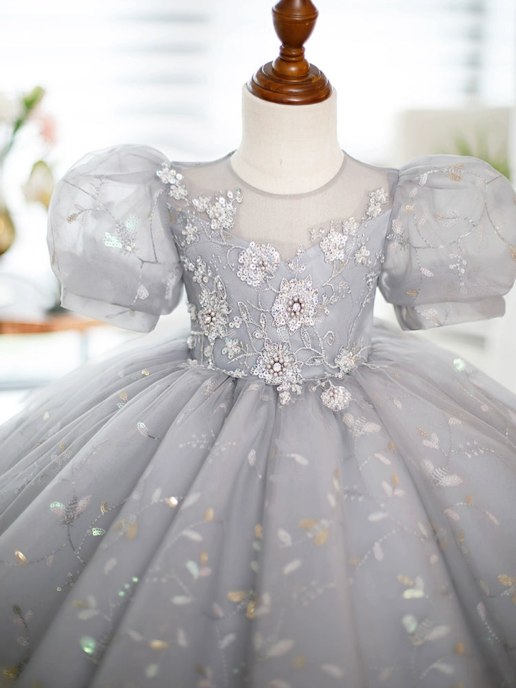 Princess Grey Sequined Back Zip Baptism Lace Tea Length Short Sleeve Puff Sleeve Round Flower Girl Dress