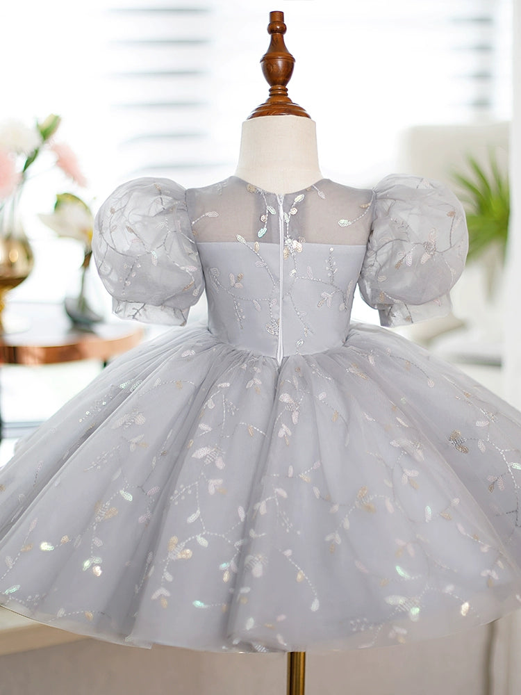 Princess Grey Sequined Back Zip Baptism Lace Tea Length Short Sleeve Puff Sleeve Round Flower Girl Dress