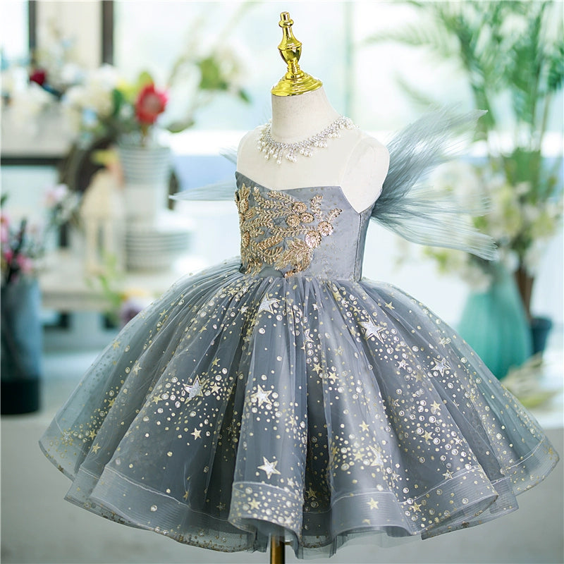 Princess Grey Tulle Back Zip Baptism Sequins Tea Length Sleeveless Jewel Neck Flower Girl Dress