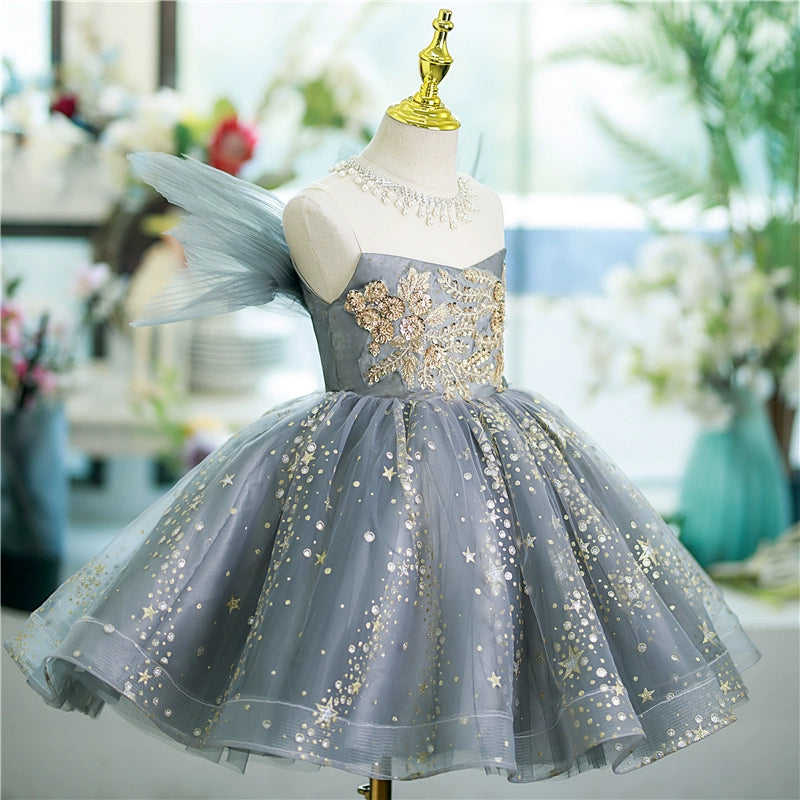 Princess Grey Tulle Back Zip Baptism Sequins Tea Length Sleeveless Jewel Neck Flower Girl Dress