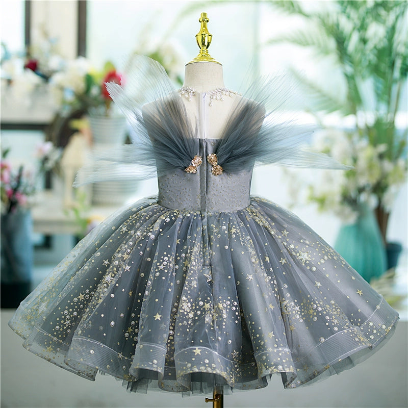 Princess Grey Tulle Back Zip Baptism Sequins Tea Length Sleeveless Jewel Neck Flower Girl Dress