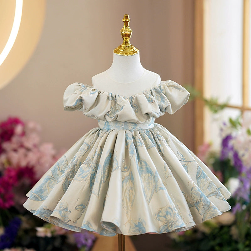 Light Blue Floral Puffy Satin Off Shoulder Kids Party Dress - Princess Style FleurKids Light Blue Floral Puffy Satin Off Shoulder Kids Party Dress - Princess Style FleurKids
