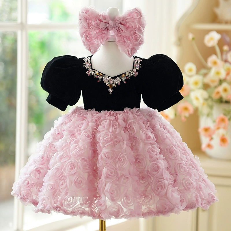 Princess Pink Lace Back Zip Baptism Flower(s) Tea Length Short Sleeve Puff Sleeve Jewel Neck Flower Girl Dress
