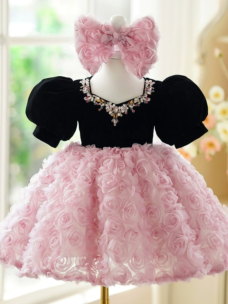 Princess Pink Lace Back Zip Baptism Flower(s) Tea Length Short Sleeve Puff Sleeve Jewel Neck Flower Girl Dress