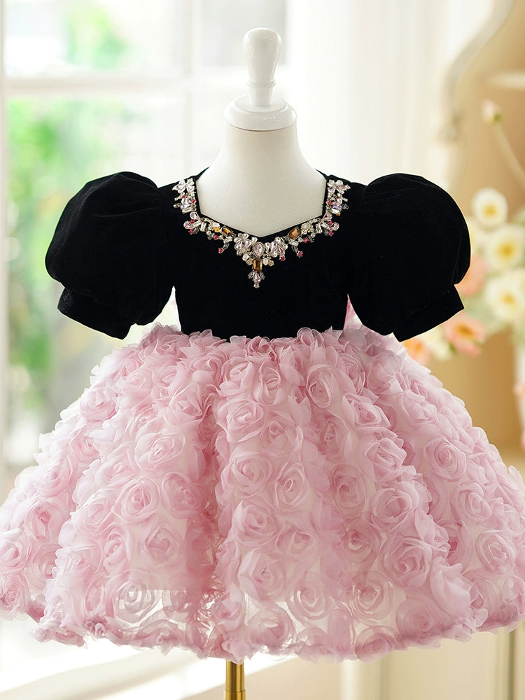 Princess Pink Lace Back Zip Baptism Flower(s) Tea Length Short Sleeve Puff Sleeve Jewel Neck Flower Girl Dress