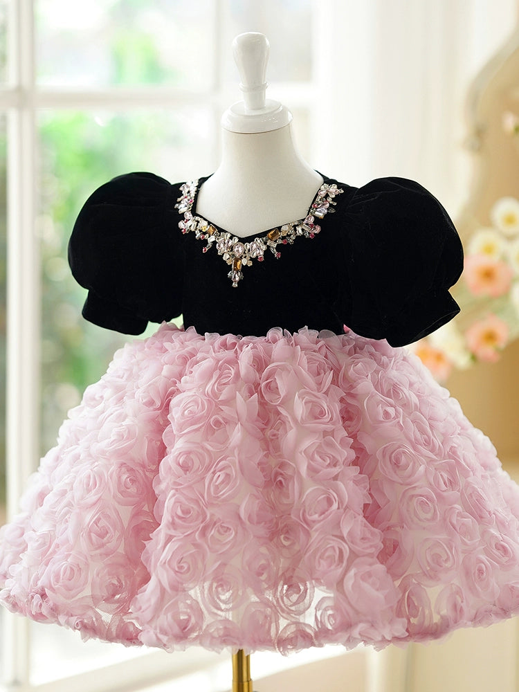 Princess Pink Lace Back Zip Baptism Flower(s) Tea Length Short Sleeve Puff Sleeve Jewel Neck Flower Girl Dress