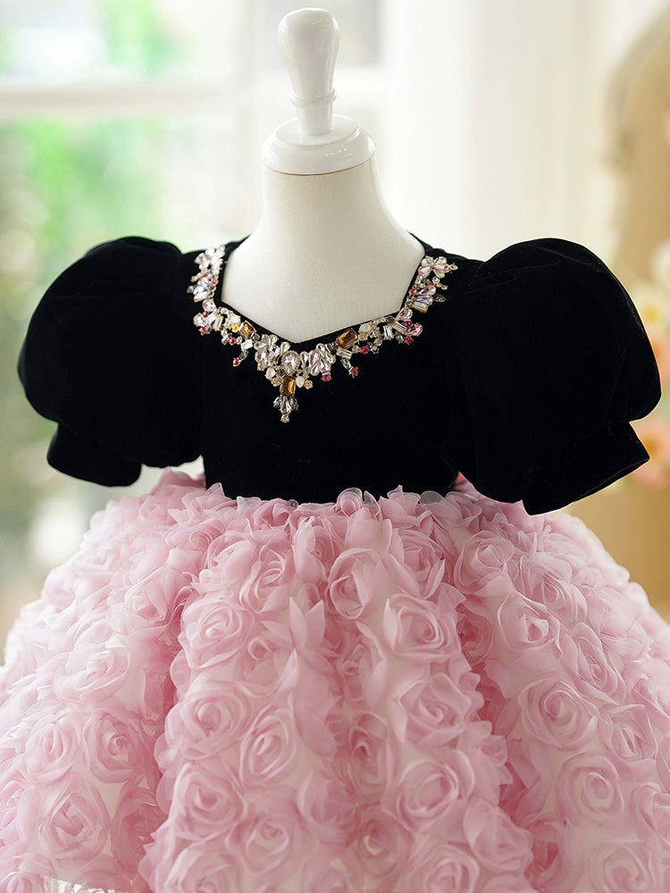 Princess Pink Lace Back Zip Baptism Flower(s) Tea Length Short Sleeve Puff Sleeve Jewel Neck Flower Girl Dress