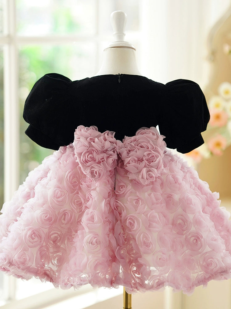 Princess Pink Lace Back Zip Baptism Flower(s) Tea Length Short Sleeve Puff Sleeve Jewel Neck Flower Girl Dress