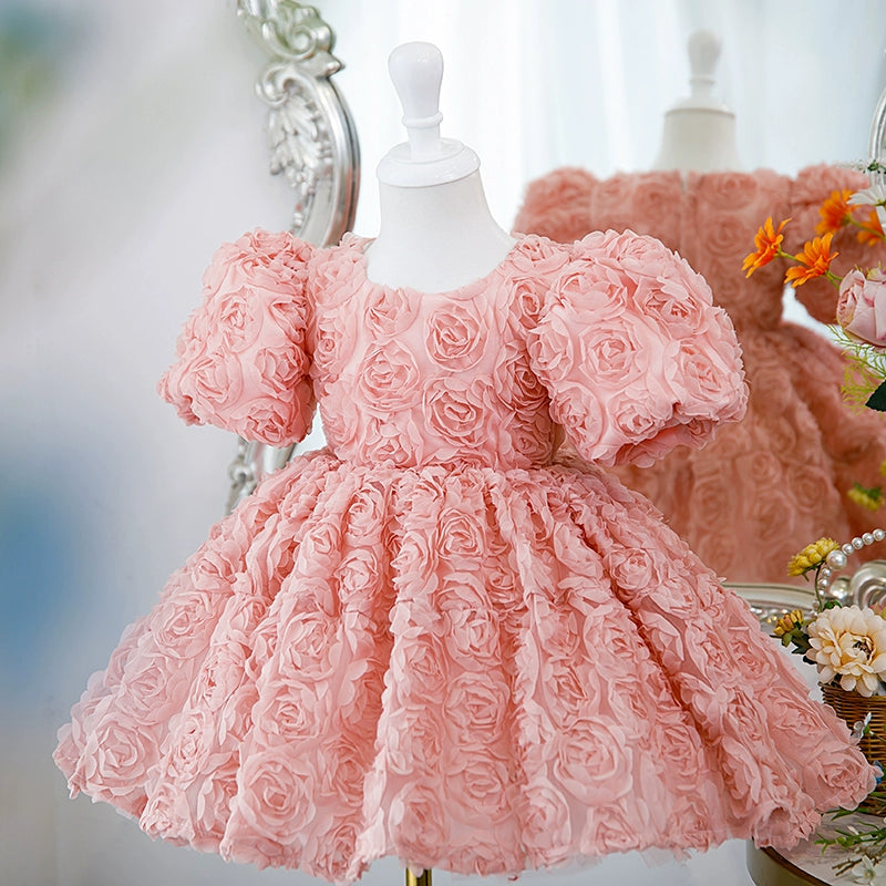 Princess Pink Lace Back Zip Baptism Flower(s) Tea Length Short Sleeve Puff Sleeve Round Flower Girl Dress