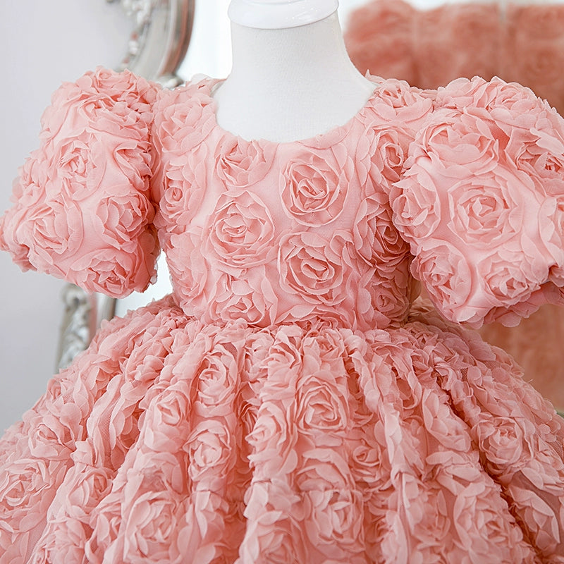 Princess Pink Lace Back Zip Baptism Flower(s) Tea Length Short Sleeve Puff Sleeve Round Flower Girl Dress