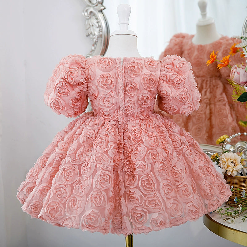 Princess Pink Lace Back Zip Baptism Flower(s) Tea Length Short Sleeve Puff Sleeve Round Flower Girl Dress