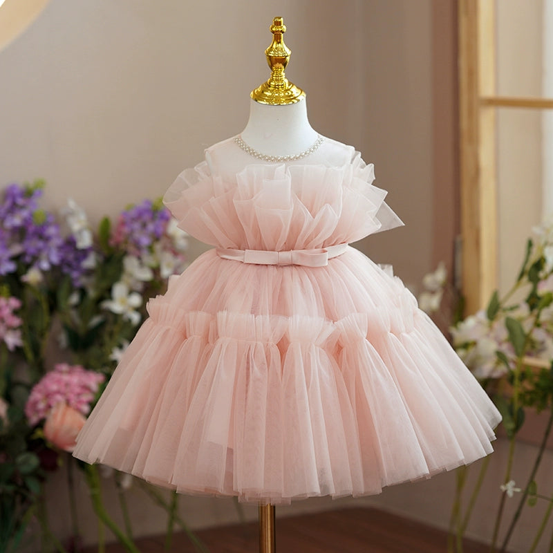 Princess Pink Tulle Off Shoulder Flower Girl Dress - A-line Tea Length