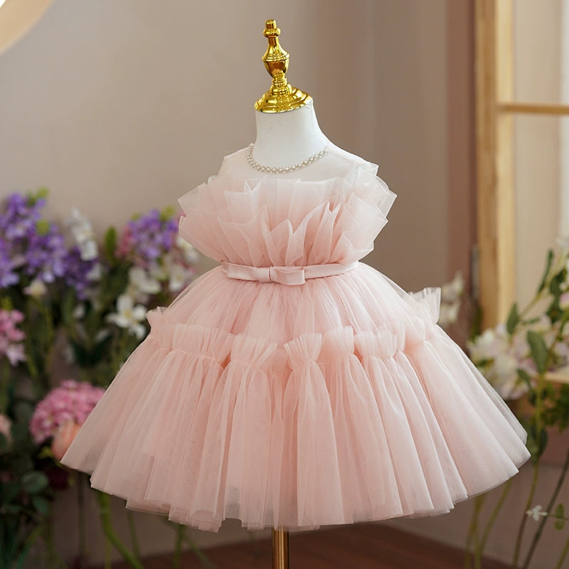 Princess Pink Tulle Off Shoulder Flower Girl Dress - A-line Tea Length