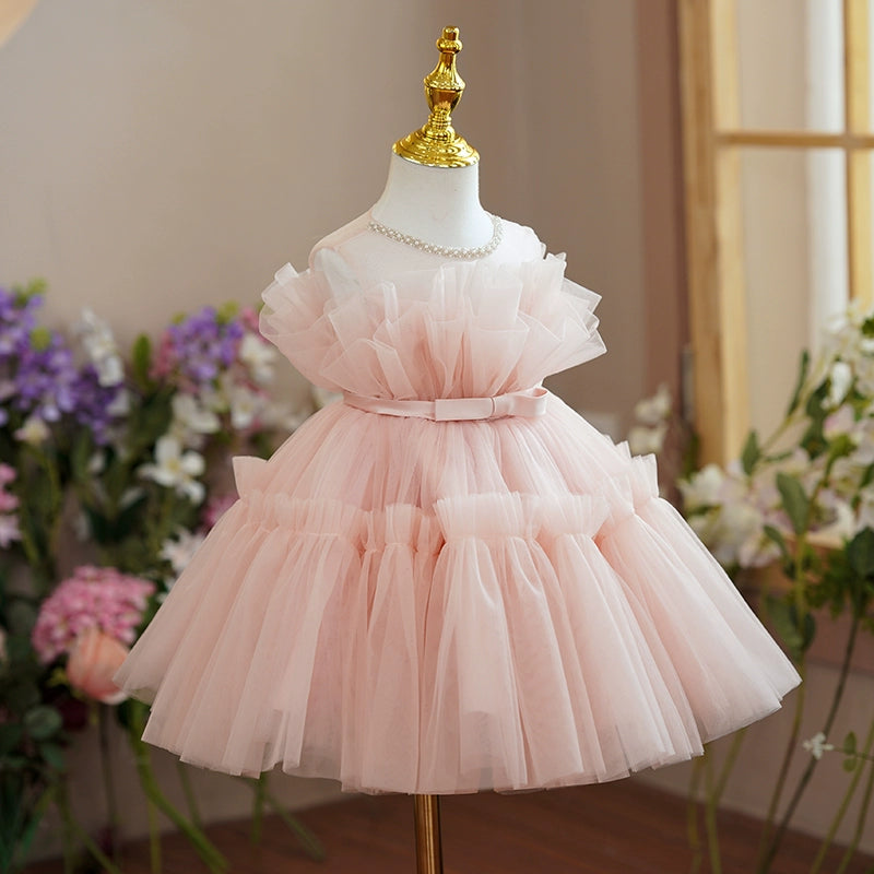 Princess Pink Tulle Off Shoulder Flower Girl Dress - A-line Tea Length