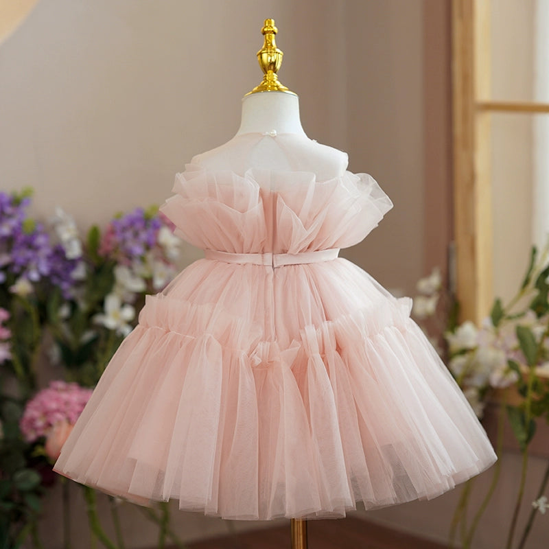 Princess Pink Tulle Off Shoulder Flower Girl Dress - A-line Tea Length