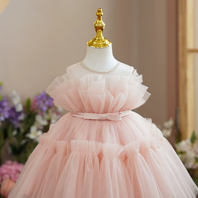 Princess Pink Tulle Off Shoulder Flower Girl Dress - A-line Tea Length
