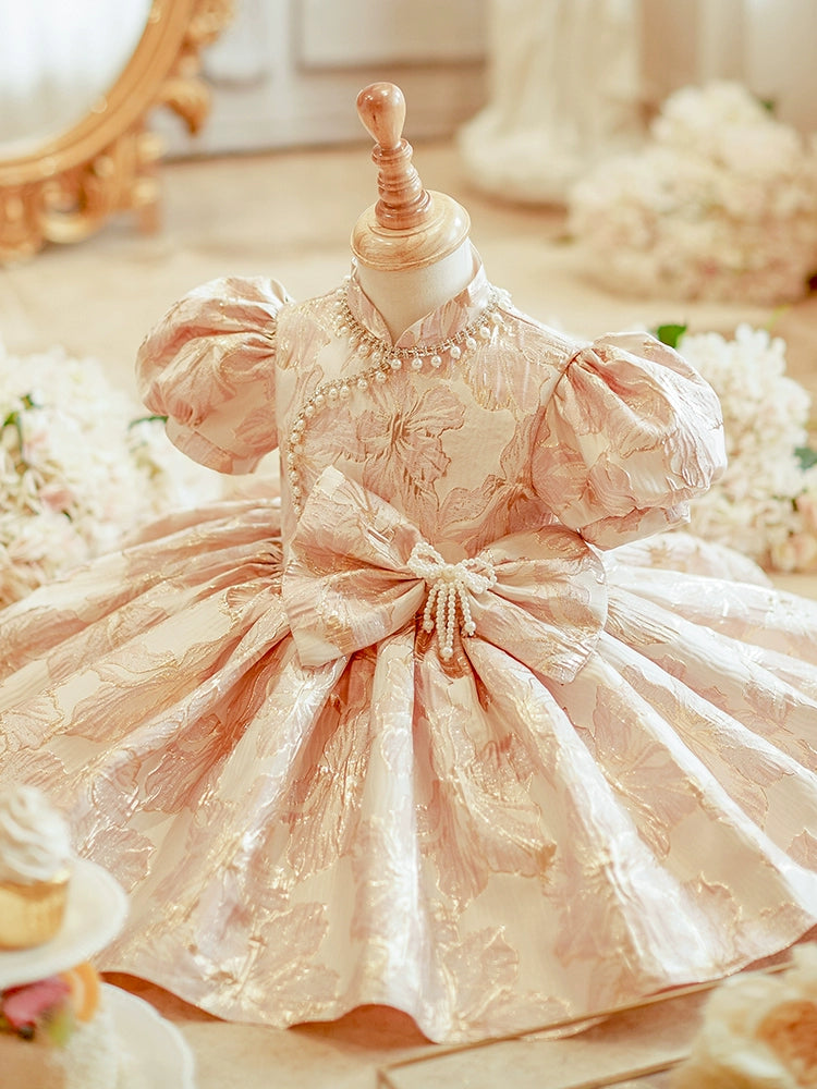 Princess Pink Satin Back Zip Baptism Beaded Tea Length Short Sleeve Puff Sleeve Mock Neck Flower Girl Dress