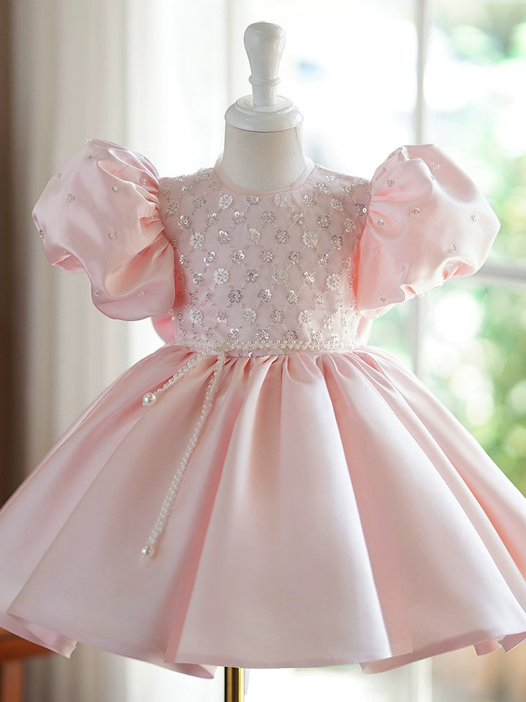 Princess Pink Satin Back Zip Baptism Beaded Tea Length Short Sleeve Puff Sleeve Round Flower Girl Dress