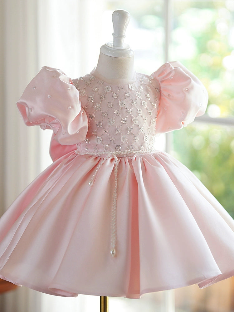 Princess Pink Satin Back Zip Baptism Beaded Tea Length Short Sleeve Puff Sleeve Round Flower Girl Dress