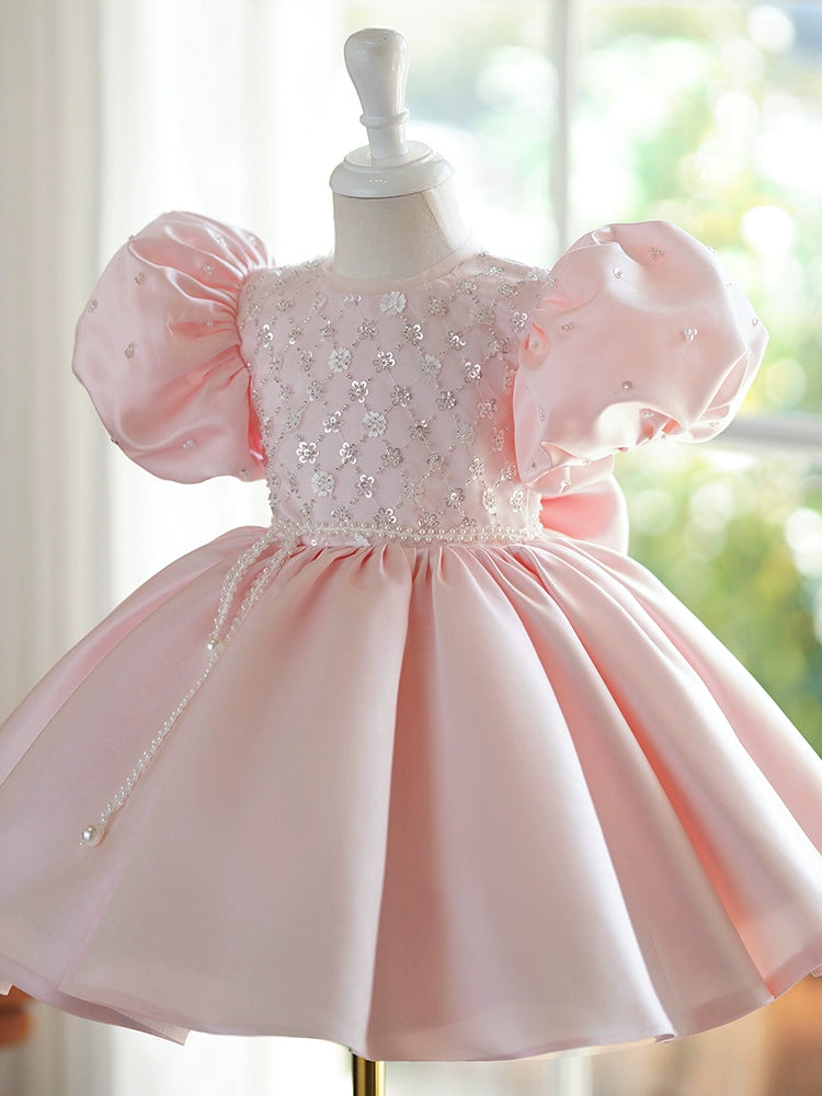 Princess Pink Satin Back Zip Baptism Beaded Tea Length Short Sleeve Puff Sleeve Round Flower Girl Dress