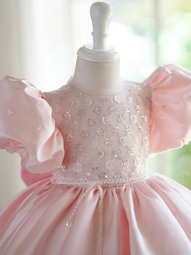 Princess Pink Satin Back Zip Baptism Beaded Tea Length Short Sleeve Puff Sleeve Round Flower Girl Dress