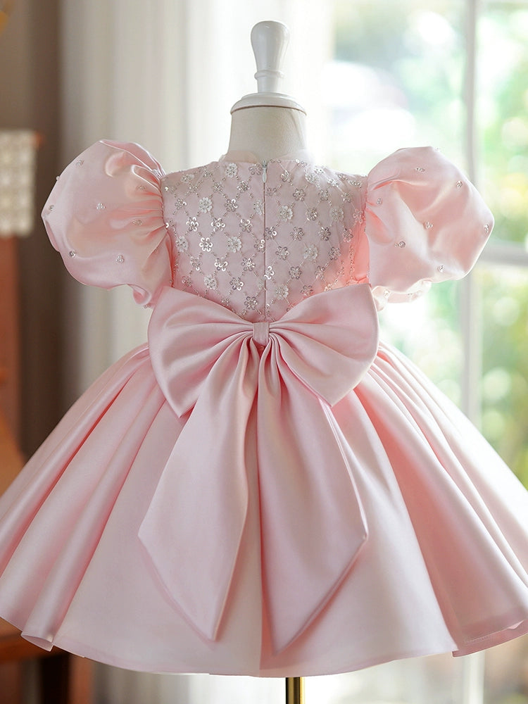 Princess Pink Satin Back Zip Baptism Beaded Tea Length Short Sleeve Puff Sleeve Round Flower Girl Dress