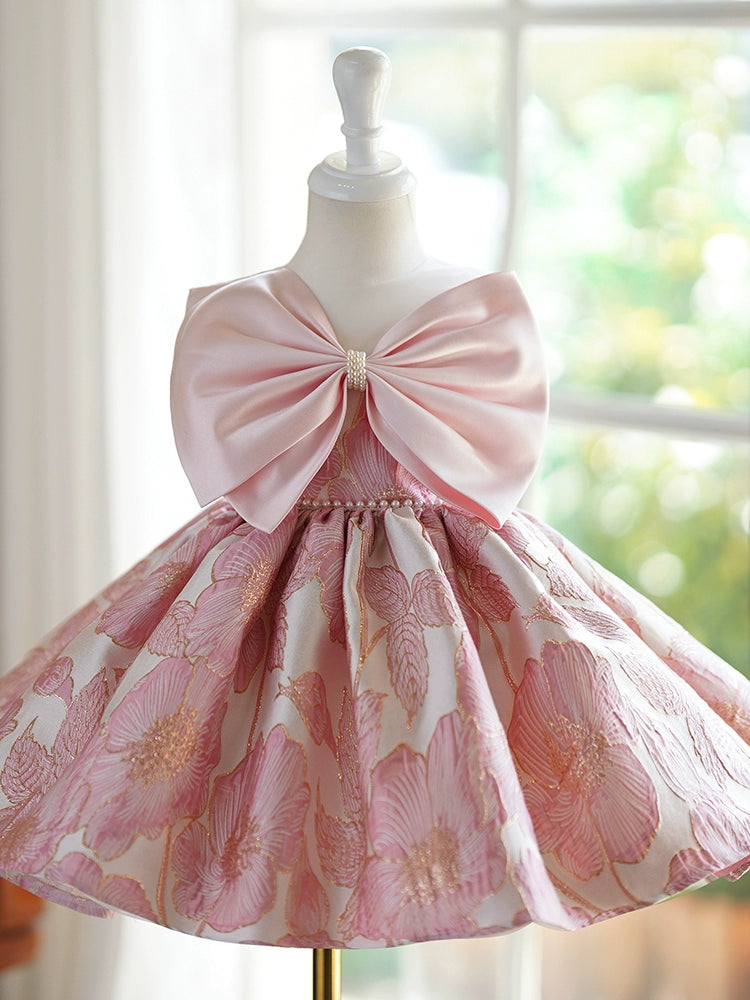 Princess Pink Satin Back Zip Baptism Bow(s) Tea Length Sleeveless Round Flower Girl Dress