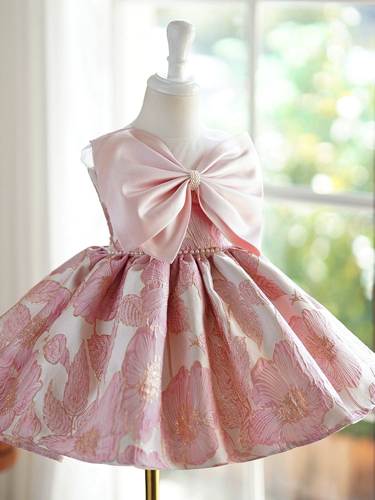 Princess Pink Satin Back Zip Baptism Bow(s) Tea Length Sleeveless Round Flower Girl Dress