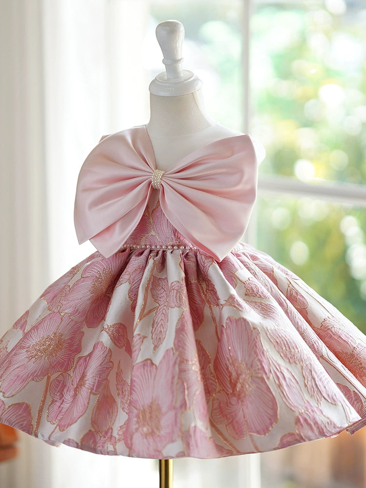 Princess Pink Satin Back Zip Baptism Bow(s) Tea Length Sleeveless Round Flower Girl Dress