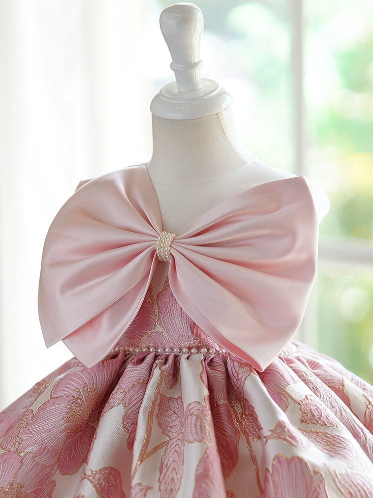 Princess Pink Satin Back Zip Baptism Bow(s) Tea Length Sleeveless Round Flower Girl Dress