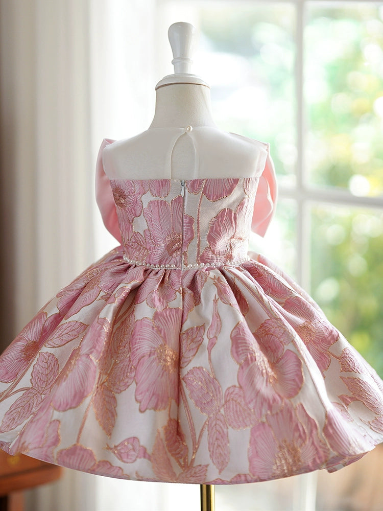 Princess Pink Satin Back Zip Baptism Bow(s) Tea Length Sleeveless Round Flower Girl Dress