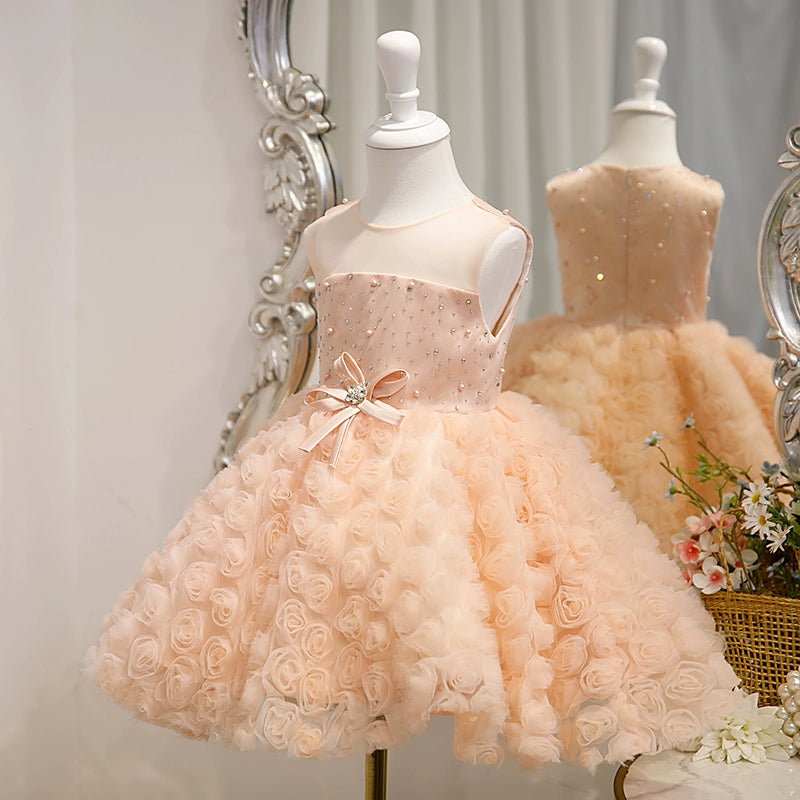 Princess Pink Satin Back Zip Baptism Flower(s) Tea Length Sleeveless Round Flower Girl Dress