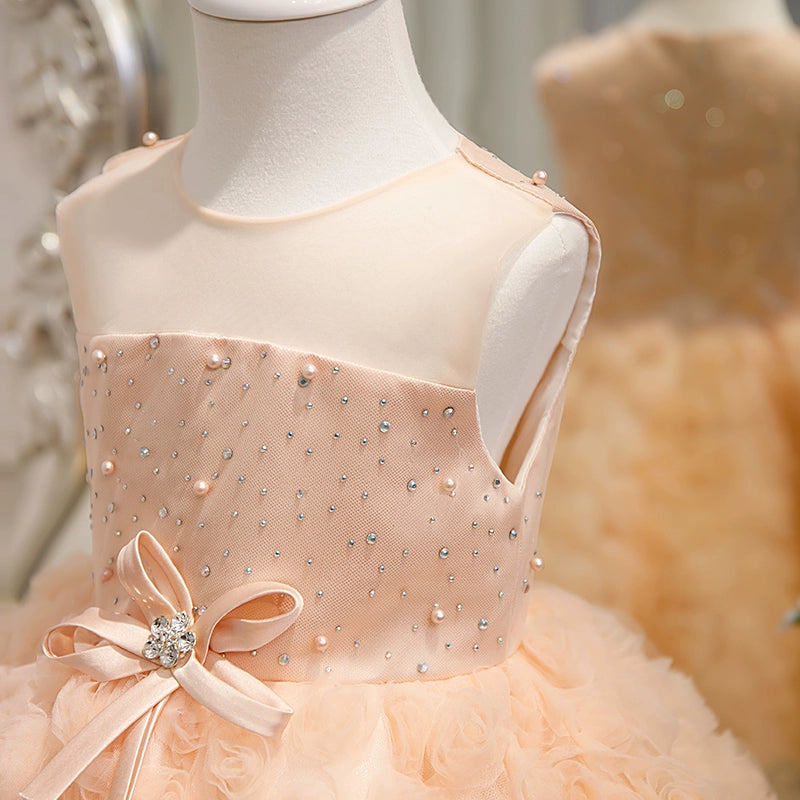 Princess Pink Satin Back Zip Baptism Flower(s) Tea Length Sleeveless Round Flower Girl Dress