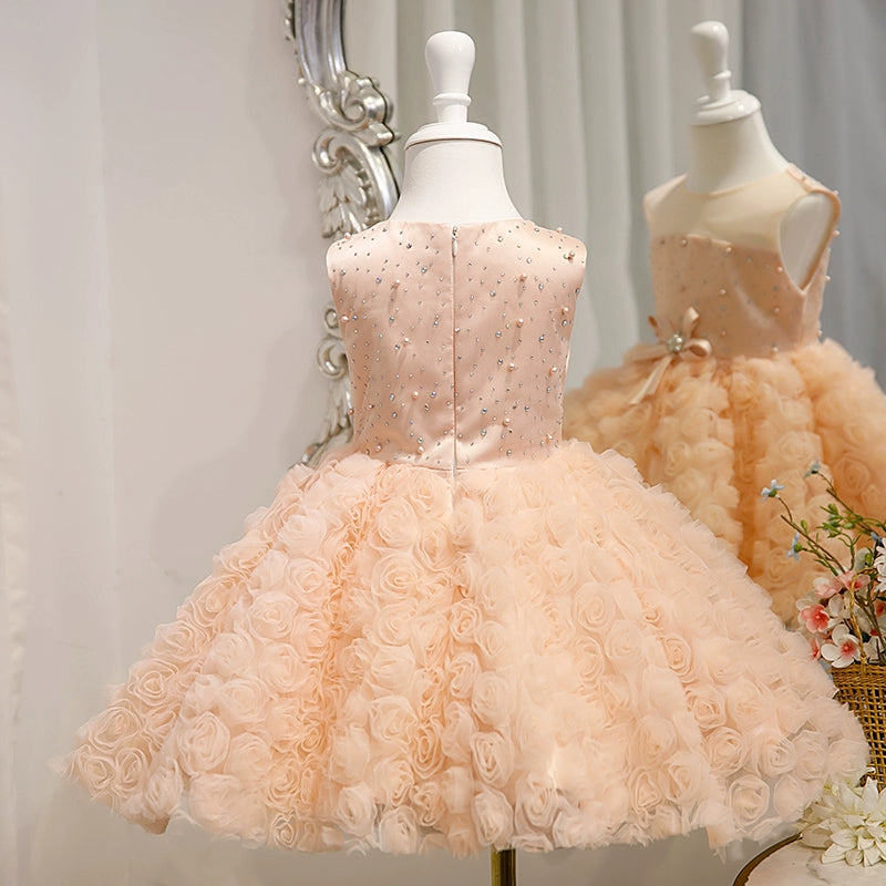 Princess Pink Satin Back Zip Baptism Flower(s) Tea Length Sleeveless Round Flower Girl Dress