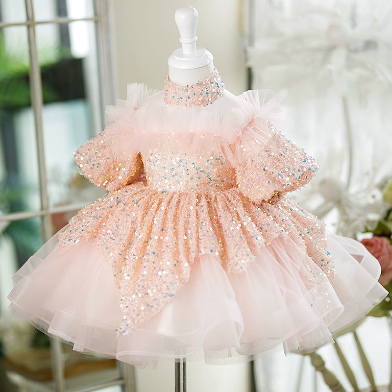 Princess Pink Sequined Back Zip Baptism Cascading Ruffles Tea Length Short Sleeve Puff Sleeve Mock Neck Flower Girl Dress