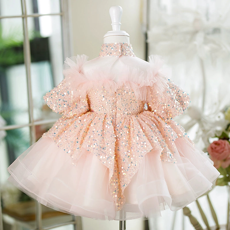 Princess Pink Sequined Back Zip Baptism Cascading Ruffles Tea Length Short Sleeve Puff Sleeve Mock Neck Flower Girl Dress