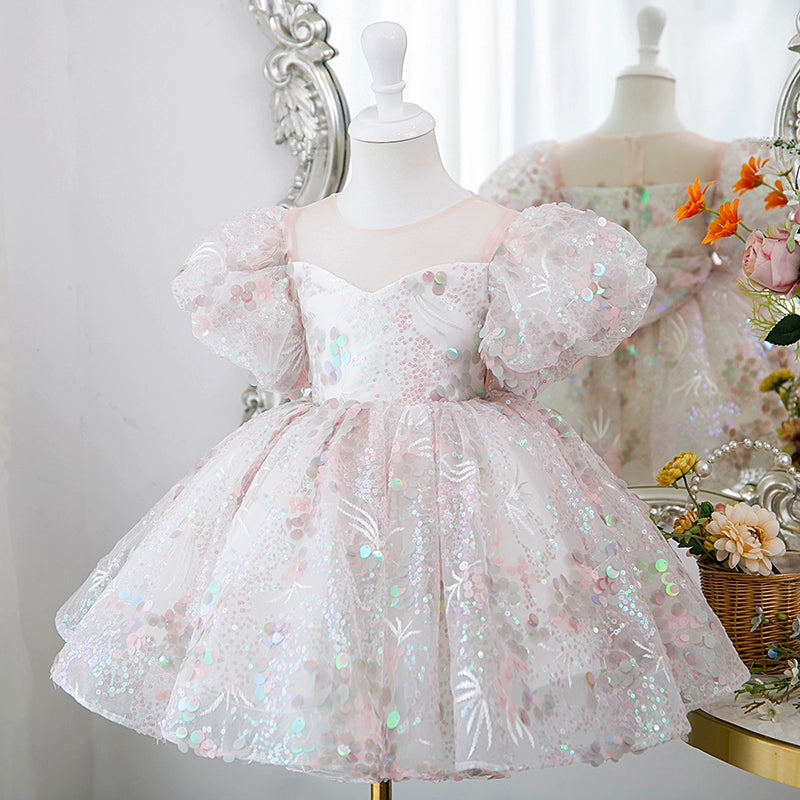 Princess Pink Sequined Back Zip Baptism Sequins Short Short Sleeve Puff Sleeve Boat Neck Flower Girl Dress