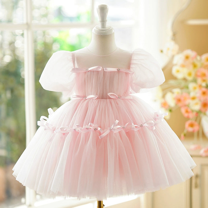 Princess Pink Tulle Back Zip Baptism Bow(s) Tea Length Short Sleeve Puff Sleeve Round Flower Girl Dress