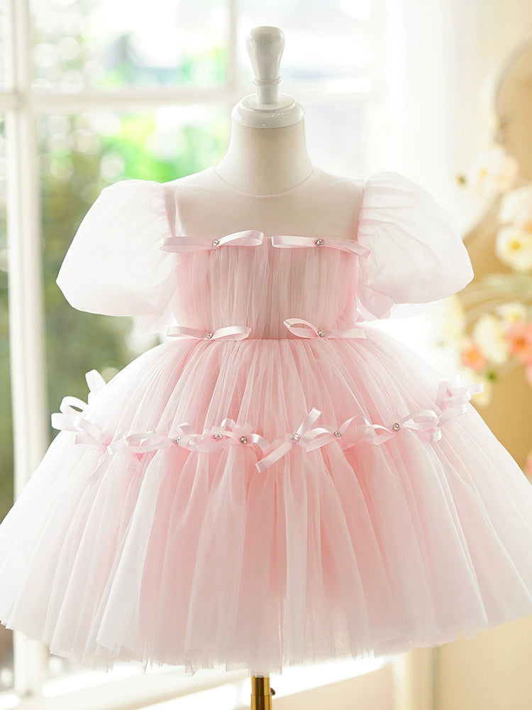 Princess Pink Tulle Back Zip Baptism Bow(s) Tea Length Short Sleeve Puff Sleeve Round Flower Girl Dress