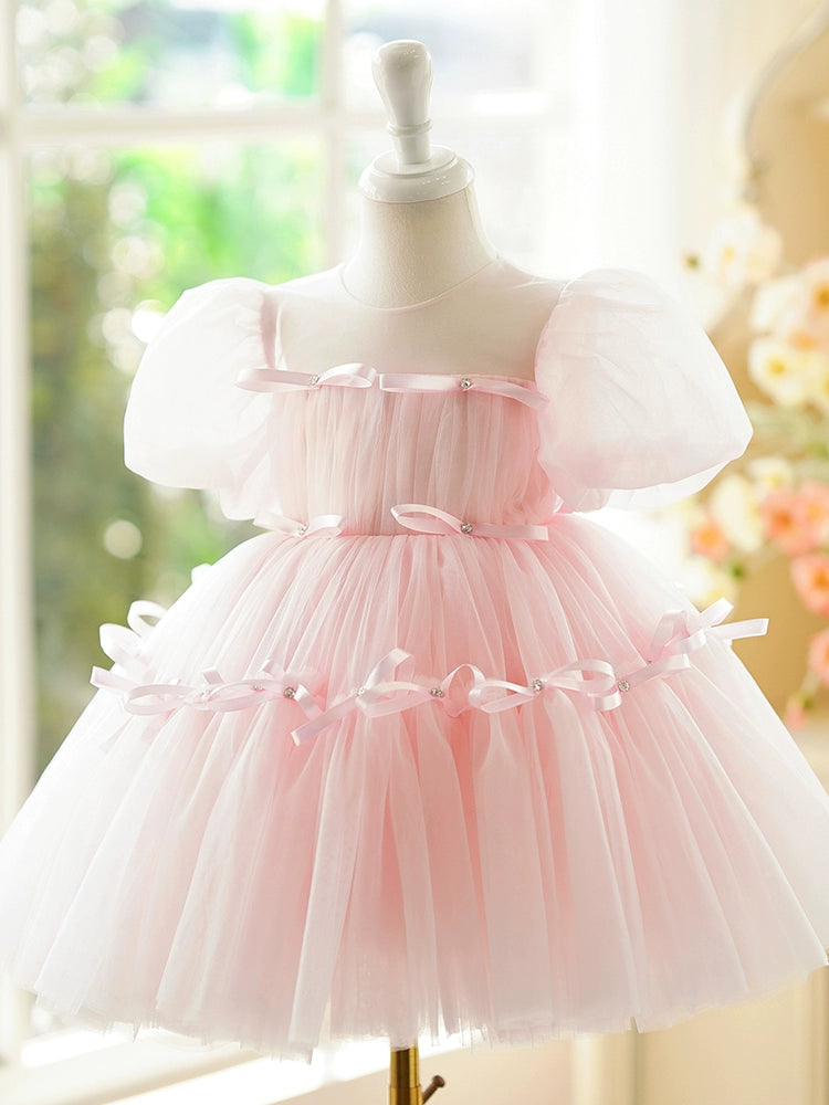 Princess Pink Tulle Back Zip Baptism Bow(s) Tea Length Short Sleeve Puff Sleeve Round Flower Girl Dress