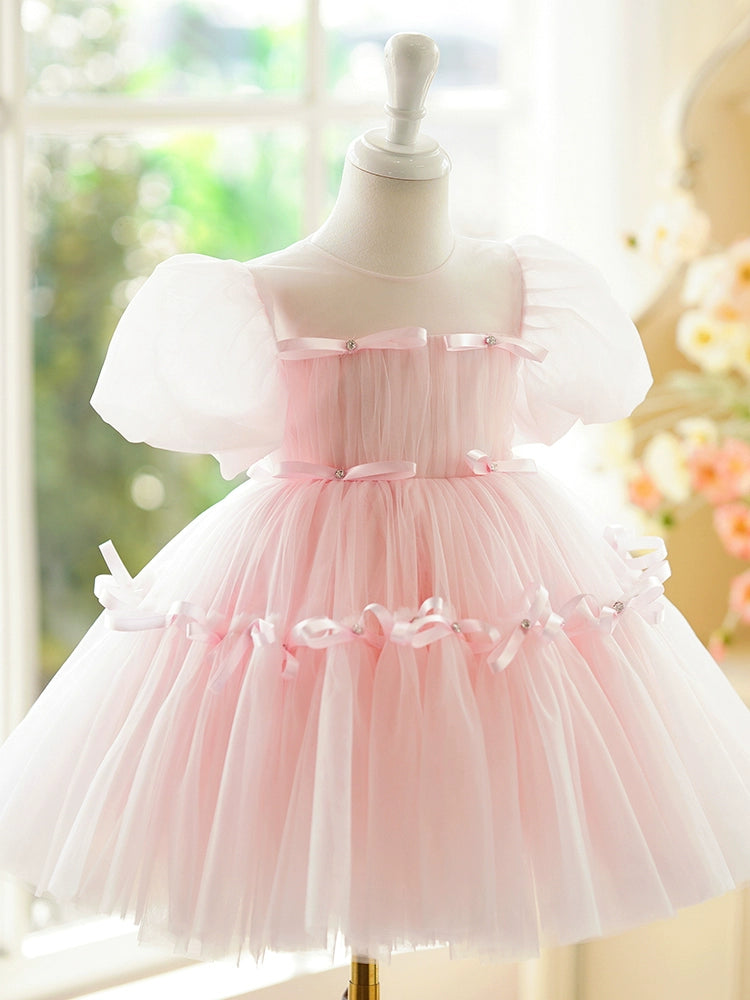 Princess Pink Tulle Back Zip Baptism Bow(s) Tea Length Short Sleeve Puff Sleeve Round Flower Girl Dress
