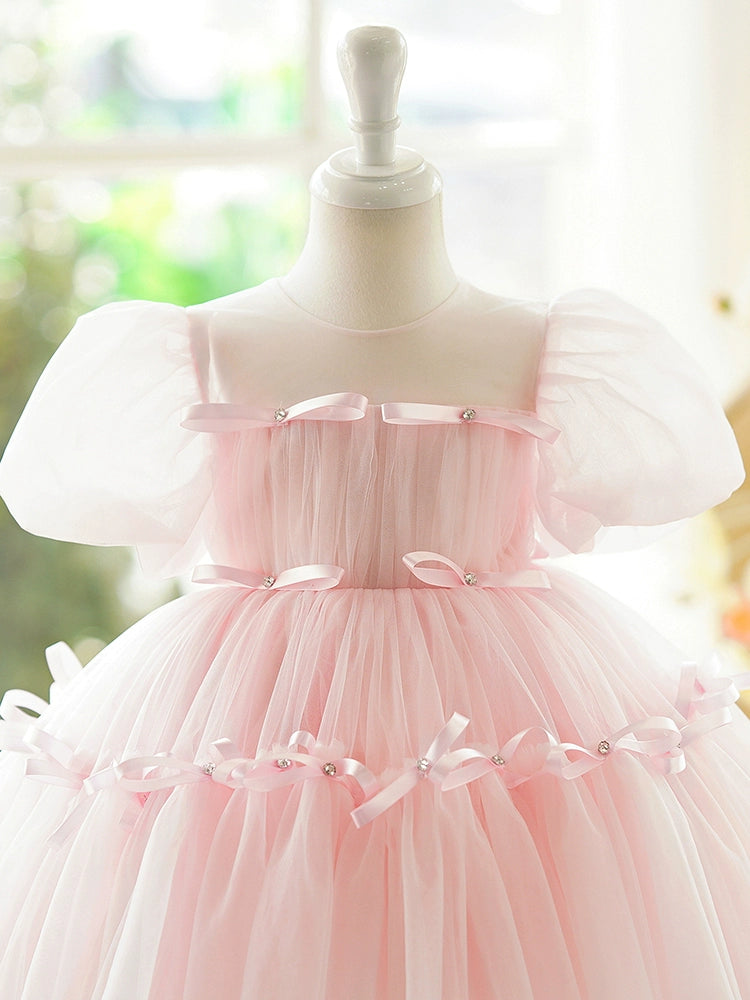 Princess Pink Tulle Back Zip Baptism Bow(s) Tea Length Short Sleeve Puff Sleeve Round Flower Girl Dress