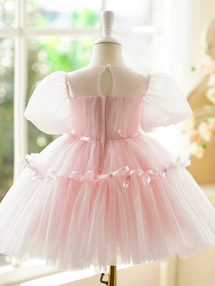Princess Pink Tulle Back Zip Baptism Bow(s) Tea Length Short Sleeve Puff Sleeve Round Flower Girl Dress