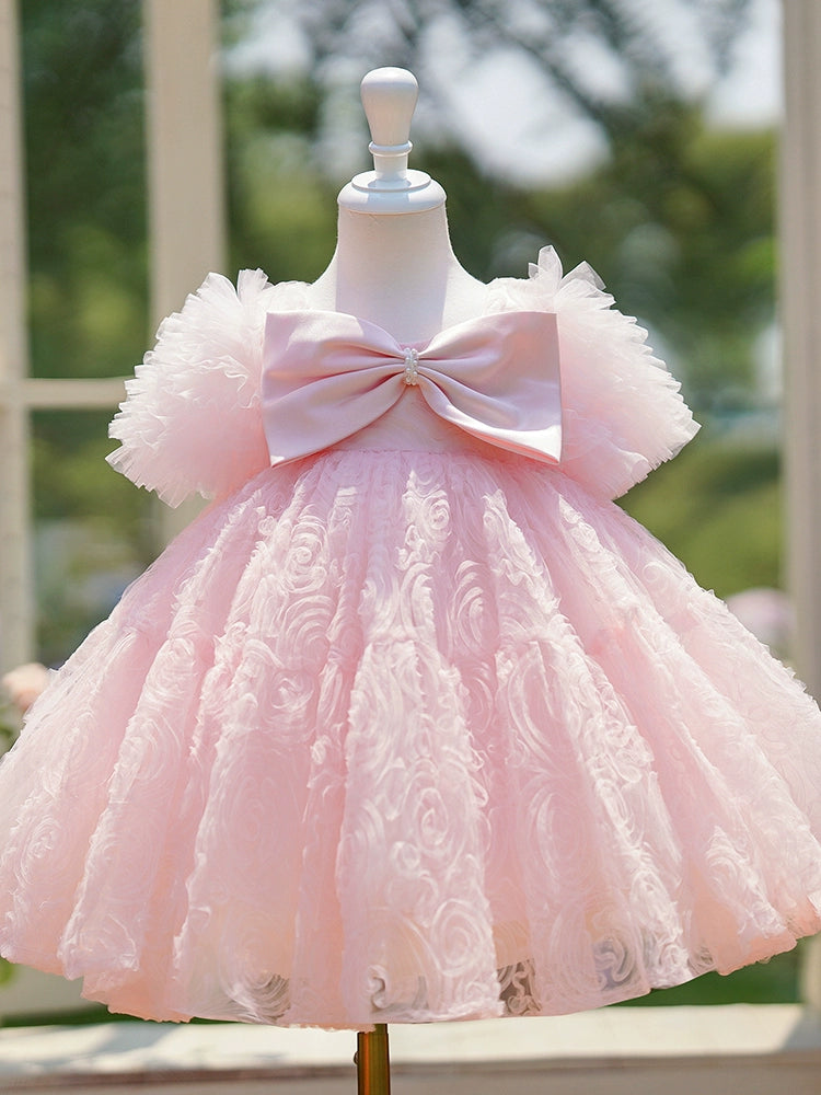 Princess Pink Tulle Back Zip Baptism Bow(s) Tea Length Short Sleeve Puff Sleeve Round Flower Girl Dress