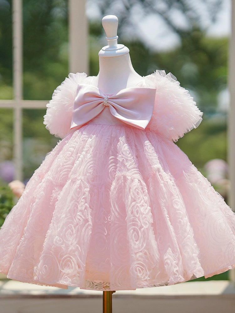 Princess Pink Tulle Back Zip Baptism Bow(s) Tea Length Short Sleeve Puff Sleeve Round Flower Girl Dress